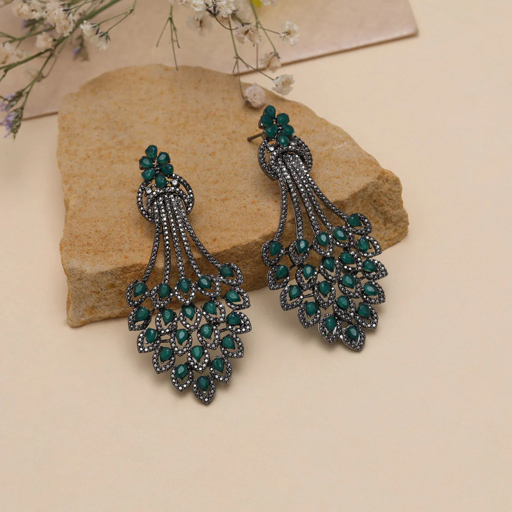 Green oxidized peacock feather earrings