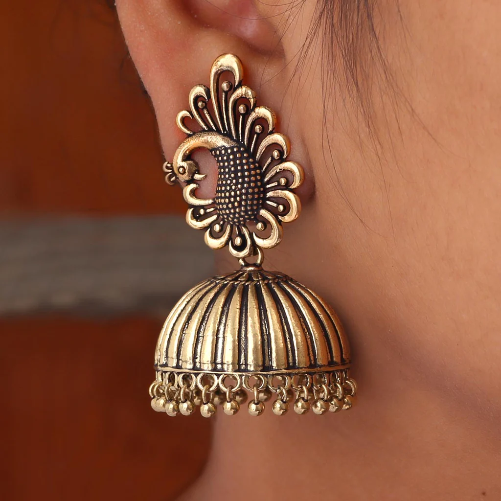 Peacock - Gold Oxidized Jhumka Earrings