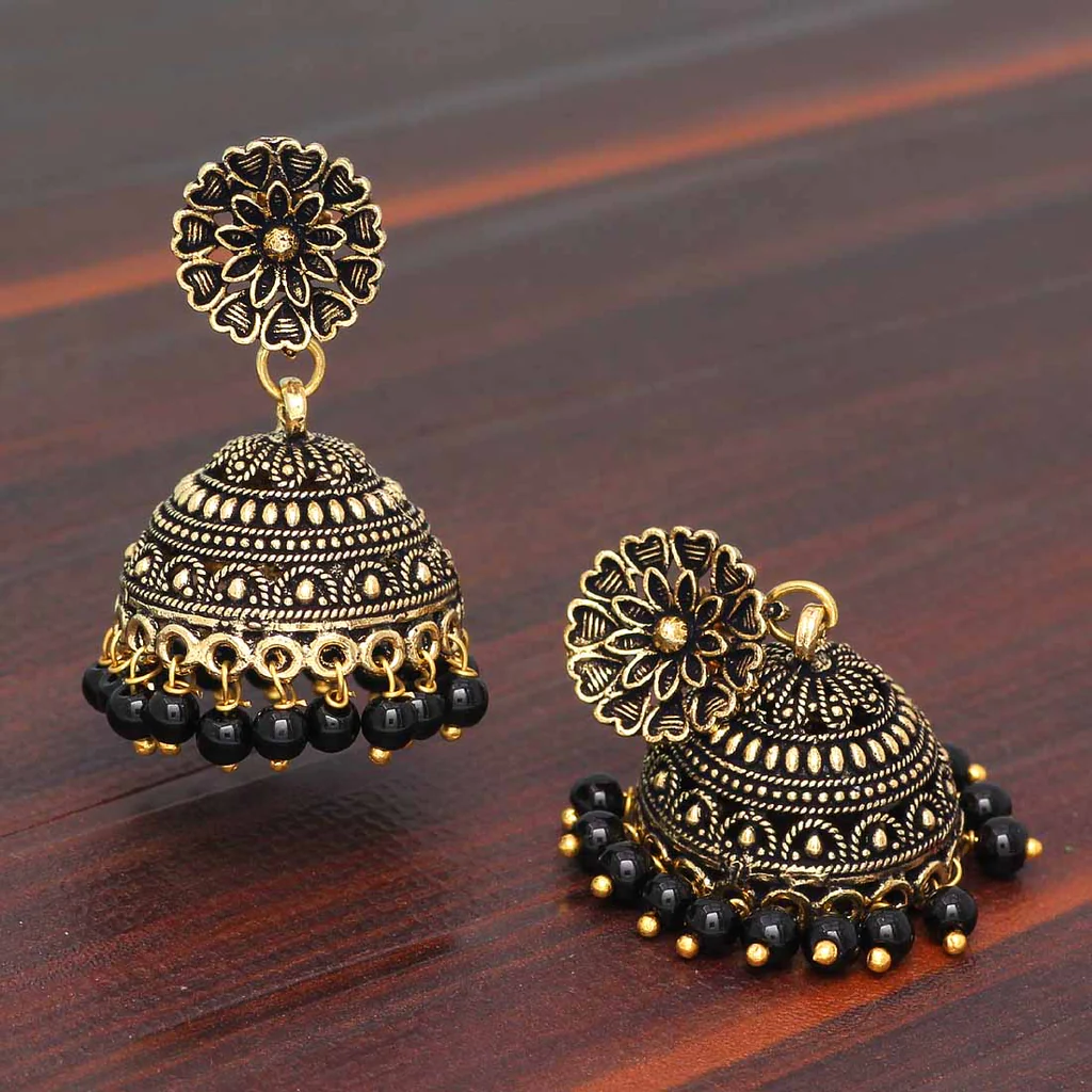 Floral Design Black Gold Oxidized Jhumki Earrings