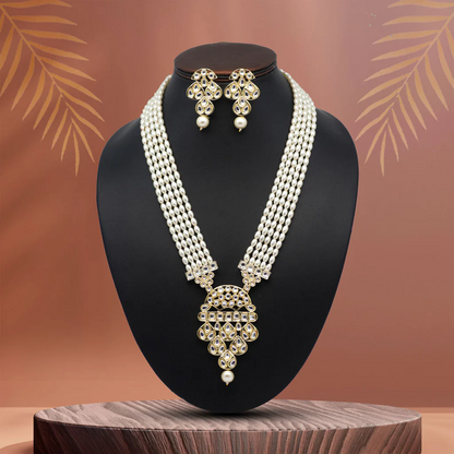 White Kundan Pearl Long Necklace Set