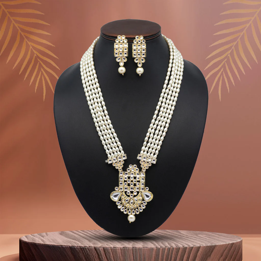 White Kundan Pearl Long Necklace Set