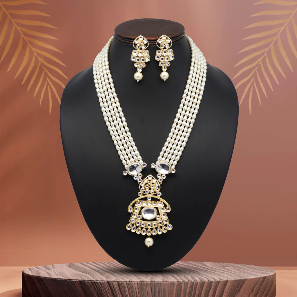 White Kundan Pearl Long Necklace Set