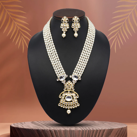 White Kundan Pearl Long Necklace Set