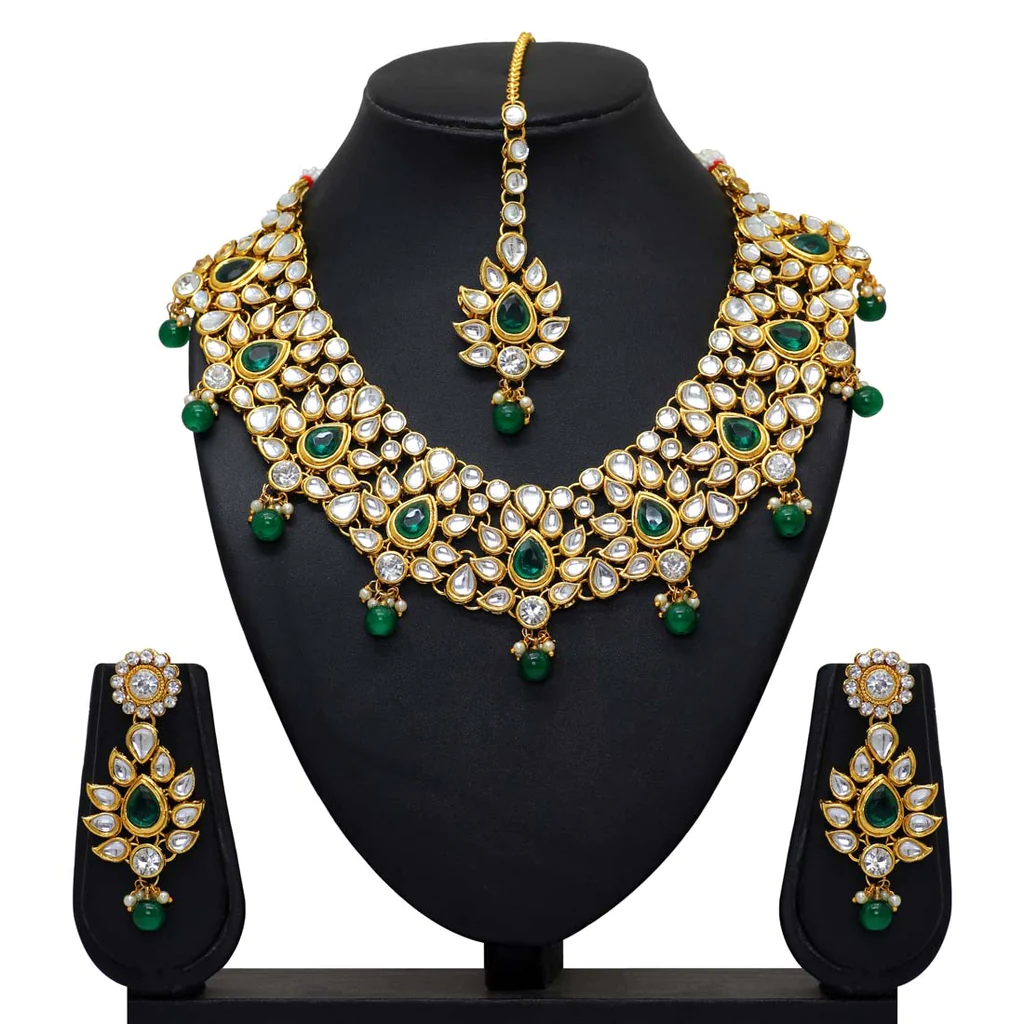 Green Imitation Pearl & Kundan Necklace With Earrings and Maang Tikka