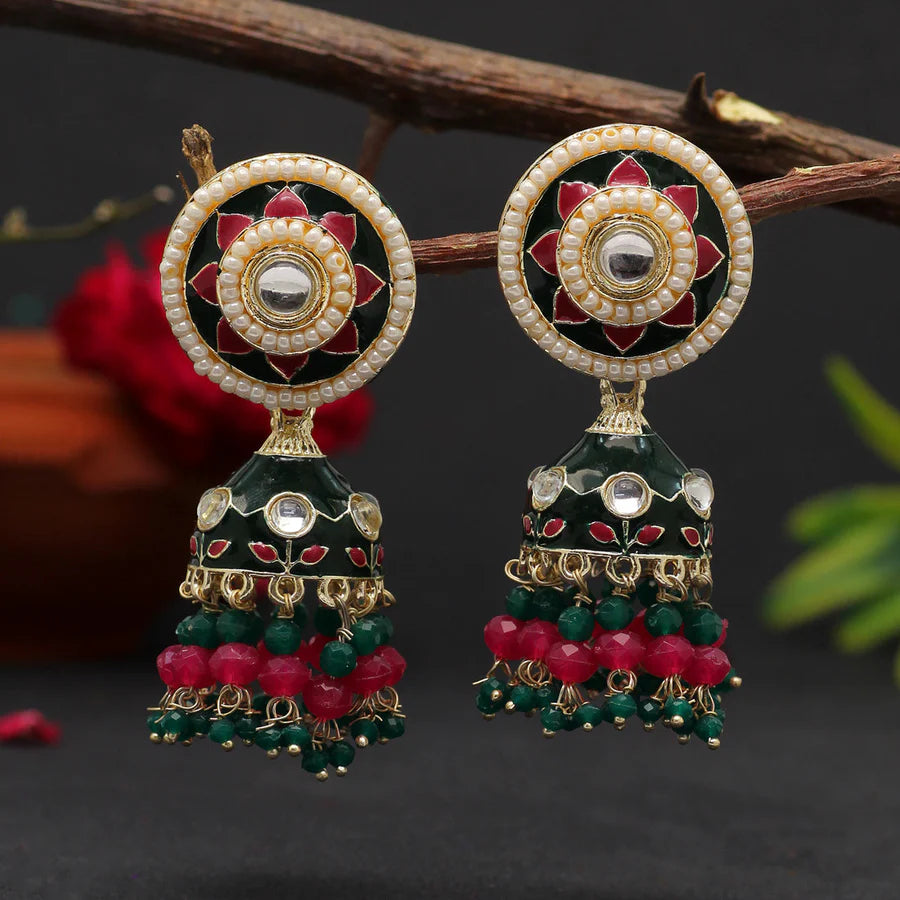 Meenakari  and beads Jhumkas