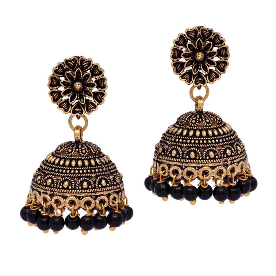 Floral Design Black Gold Oxidized Jhumki Earrings