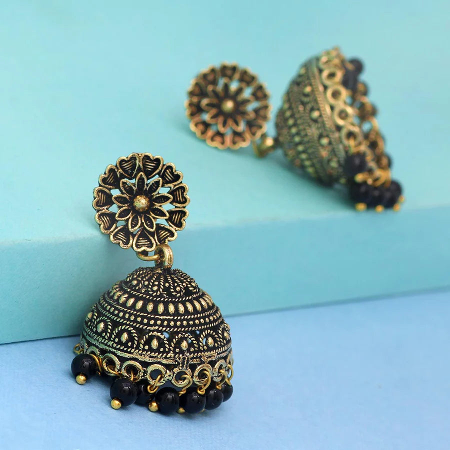 Floral Design Black Gold Oxidized Jhumki Earrings