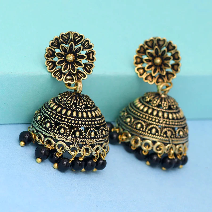 Floral Design Black Gold Oxidized Jhumka Earrings