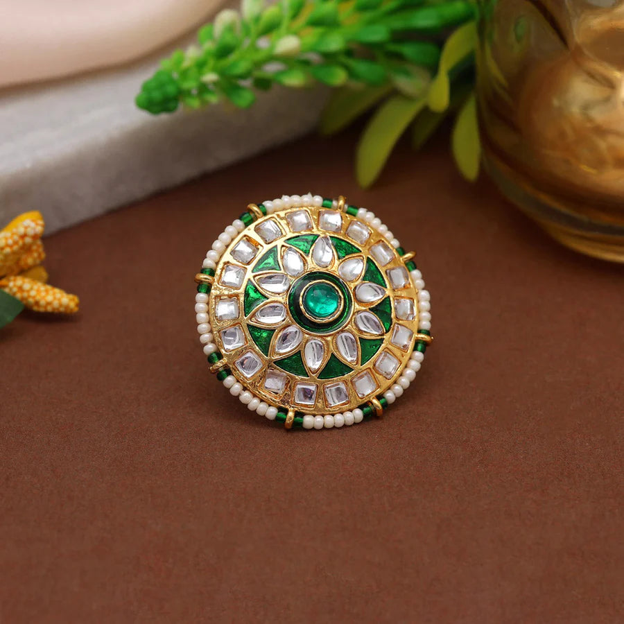 Green Kundan Meenakari Ring