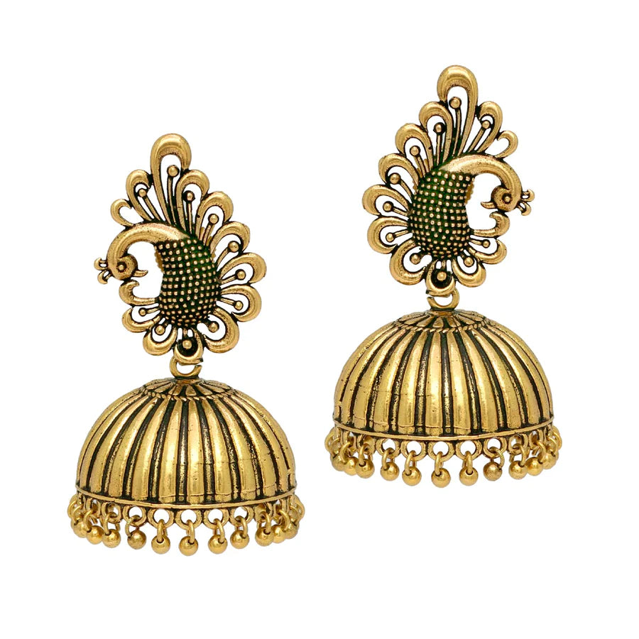 Peacock - Gold Oxidized Jhumka Earrings