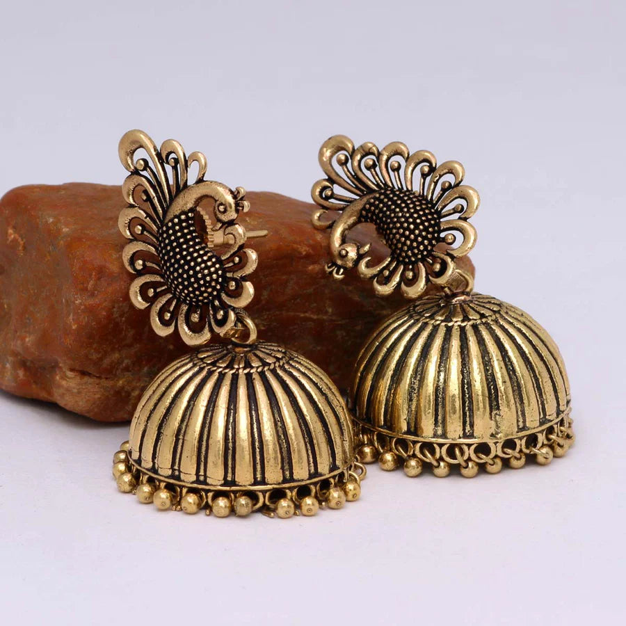 Peacock - Gold Oxidized Jhumka Earrings