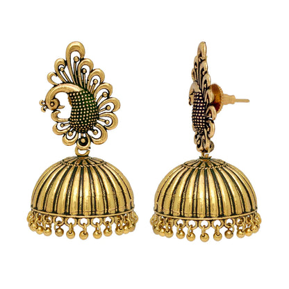 Peacock - Gold Oxidized Jhumka Earrings