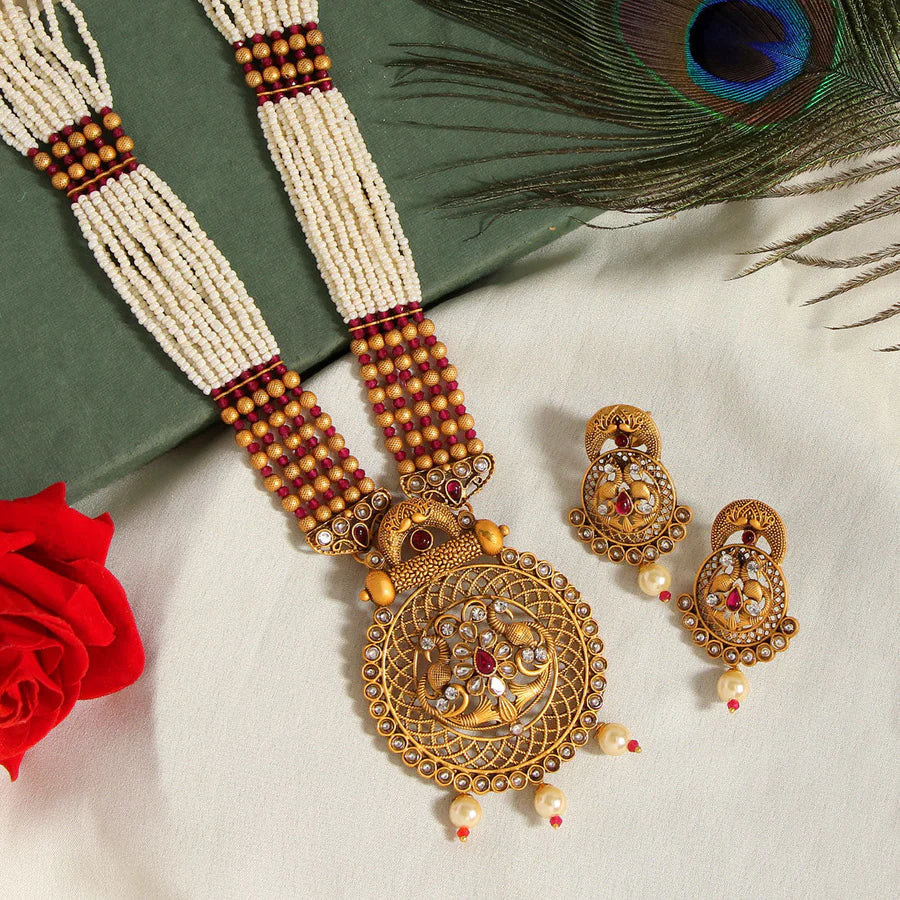 Rani and Matte Gold Vilandi Kundan Temple Necklace Set