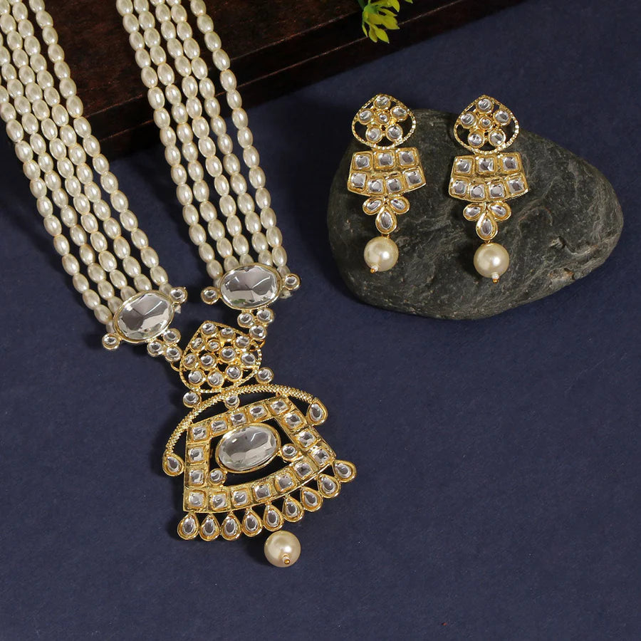 White Kundan Pearl Long Necklace Set