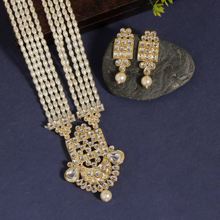 White Kundan Pearl Long Necklace Set